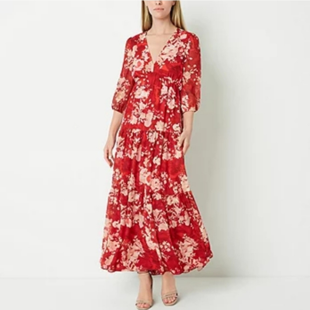 Maison Tara Floral Chiffon 3/4 Sleeve Maxi Dress - Picture 1 of 10